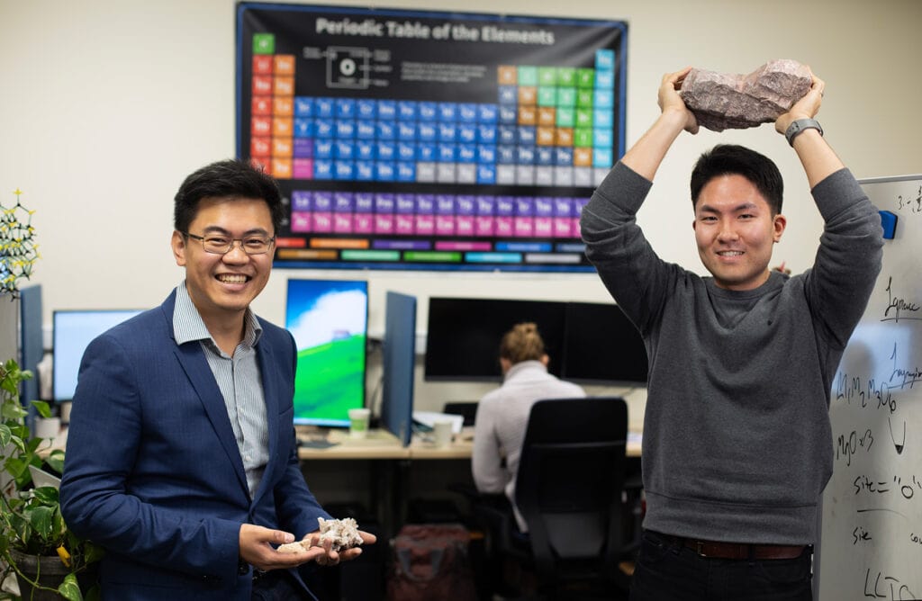 Wenhao Sun and Joonsoo Kim show off dolomite rocks from their lab’s collection, 'Dolomite Problem':